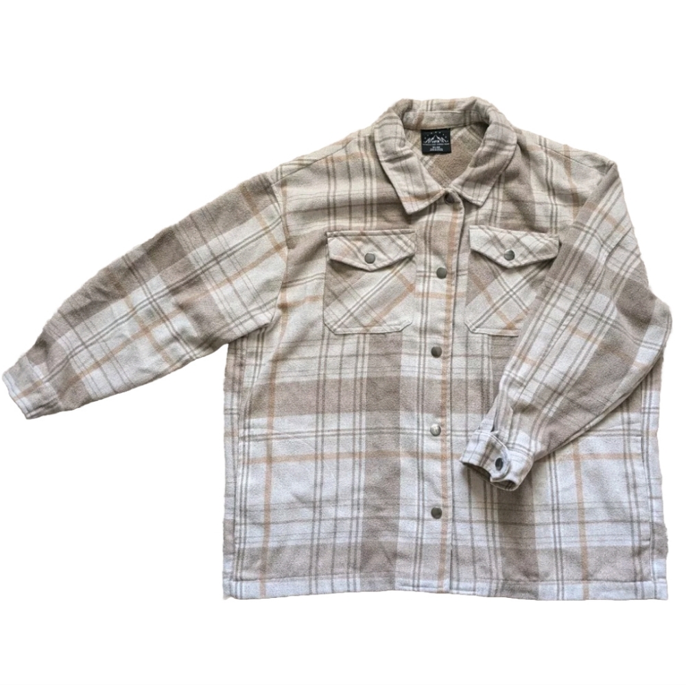 HFX Women's Flannel Shirt Jacket Size XL Plaid Tan Brown Relaxed Fit Warm Shell